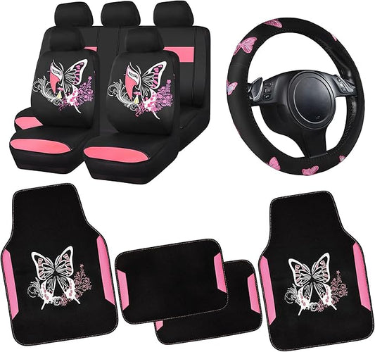 CAR PASS Pink Leather & Gaberdine Butterfly Car Seat Covers Full Set with Waterproof Car Floor Mats and Embroidered Butterflies Steering Wheel Cover for Interior Sets ((Black & Pink)