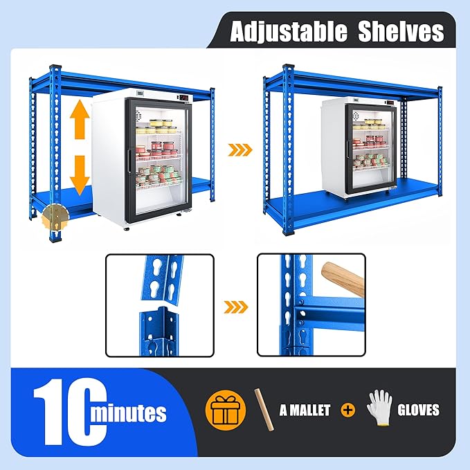 48" W Garage Shelving Heavy Duty, 1000LBS Loads Adjustable Garage Storage Shelves, 2-Tier Metal Shelving Units and Storage Racks, Industrial Utility Shelf,48" Wx18 Dx39 H, Blue