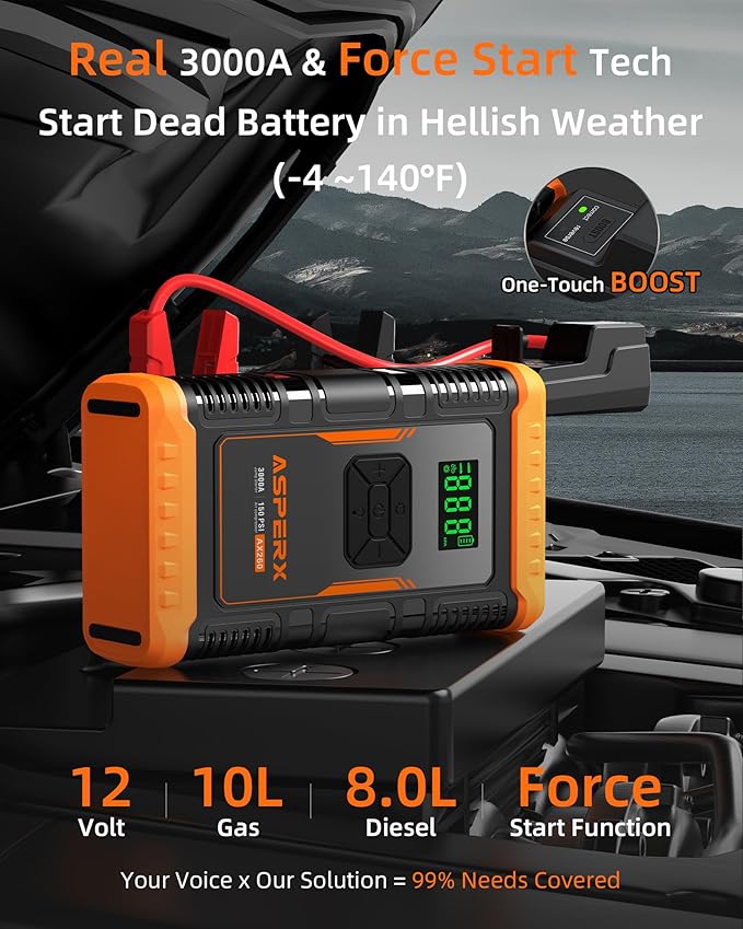 ASPERX Jump Starter with Air Compressor,【Upgrade & Safety Certs】10L Gas/8L Diesel(Almost All Cars) 12V Jumper Box Car Battery Jumper Starter Portable with Tire Inflator, Jumper Cables, Display & Light