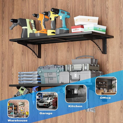 YOLENY 2-Pack 1.64x4FT Adjustable Heavy Duty Garage Wall Shelving, 500lbs Load Capacity Wall Mount Storage Shelf, Garage Storage Rack with Hooks, Metal Floating Shelves Organizer for Workshop