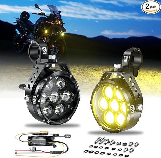 Kewig 4.5 Inch Motorcycle Auxiliary LED Fog Light 90W Amber White Driving Spotlight Kit With Mount Brackets Wire Harness Waterproof Offroad Fit for Motorcycle Jeep Car Truck