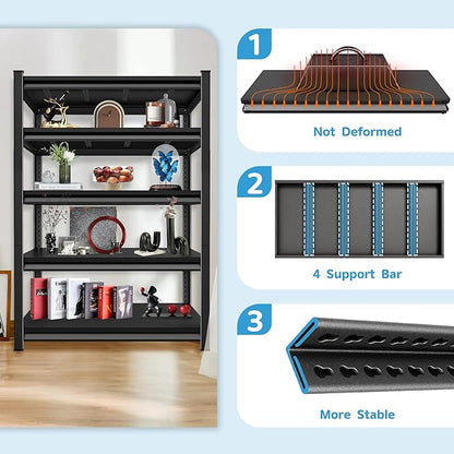 3000LBS Garage Storage Shelves Heavy Duty, 48" W x 24" D x 78" H,5-Tier Garage Shelving Heavy Duty, Industrial Metal Shelving Units for Garage, Basement,Fish Tank,Black