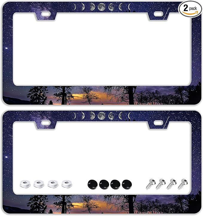 Starry Sky Moon License Plate Frames - 2 Pcs Set 2 Holes Stainless Steel Metal Novelty Auto Car Accessories Decoration License Plate Frame Cover Size 6.3" x 12.2" Fit US Vehicles for Women Men Gift