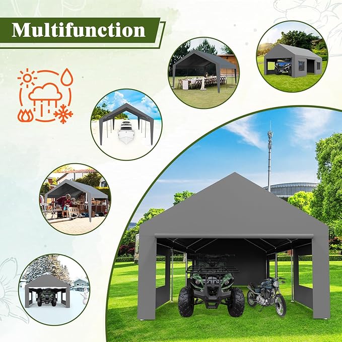 13x20 FT Heavy Duty Carport, Oversized Portable Garage with 4 Doors & 4 Windows, Reinforced Frame, All Weather Protection Outdoor Shelter Canopy for Cars, Boats, Trucks, BBQ and Outdoor Gatherings