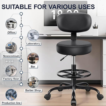 Drafting Chair with Backrest – Adjustable Foot Rest Rolling Stool with Wheels, PU Leather Swivel Stool for Office Spa Studio Lab Counter Salon Home Work Bar Kitchen Shop(Black)