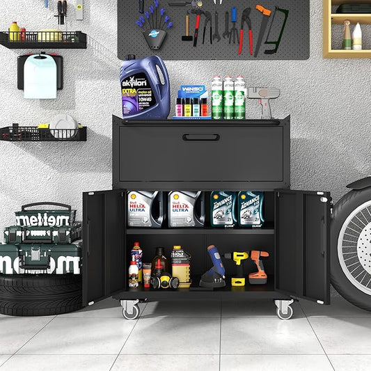 Metal Storage Cabinet with Wheels, Lockable Garage Cabinet with 2 Doors and 1 Drawer, Rolling Tool Storage, Assembly Required, Black