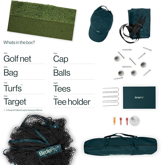 BirdiePro® - American Pro Golf Practice Net – 10x7ft Heavy Duty Golf Hitting Net with EchoShield™ Target & FlexWeave™ Net - Indoor Outdoor Training Backyard, Garage Complete Set with Mat, Balls & Cap