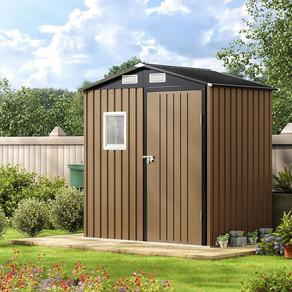 6X4FT Outdoor Steel Storage Shed with Lockable Doors, One Window,Ideal for Garden, Backyard, Patio Storage,Brown