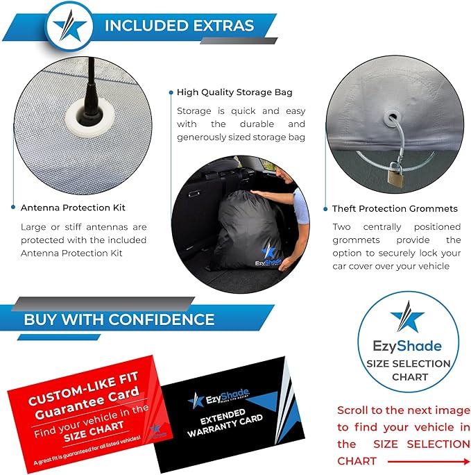 EzyShade 10-Layer Car Cover Waterproof All Weather. See Vehicle Size-Chart for Accurate Fit. Outdoor Full Exterior Covers for Automobiles Sedan Hatch SUV Rain Sun Protection. Size A5 (See SizeChart)