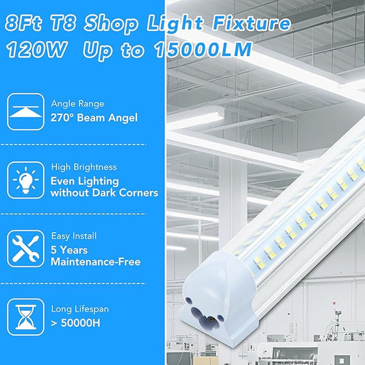 10 Pack 8FT T8 LED Shop Lights, 120W Integrated Tube Light, 19200LM 6000-6500K Daylight, Linkable Lighting, Plug & Play Energy-Saving Commercial Bay Lighting Garage Warehouse Basement (V4)