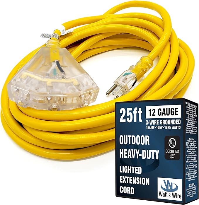 25 ft - 12 Gauge Heavy Duty Extension Cord - 3 Outlet Lighted SJTW - Indoor/Outdoor Extension_Cord by Watt's Wire - 25' 12-Gauge Grounded 15 Amp ExtensionCord