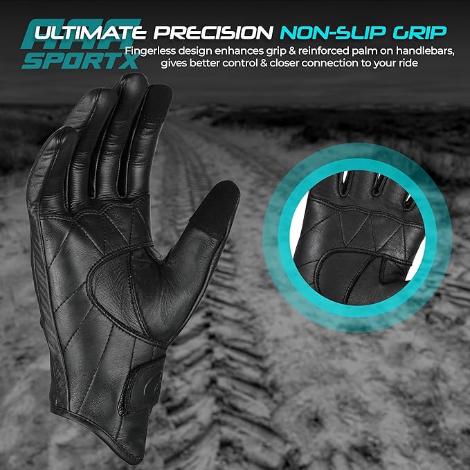 aasportx Motorcycle Gloves - Men's Leather Motorbike Gloves with Touchscreen Function - Non-Slip Pads for Men & Women