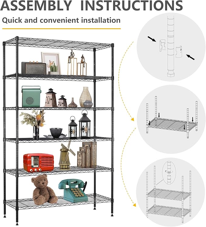 16''Lx42''Wx72''H 6 Shelf Wire Shelving Unit Heavy Duty Metal Storage Shelves NSF Wire Shelf Organizer Black Height Adjustable Utility Steel Commercial Grade Layer Shelf Rack 1500 LBS Capacity