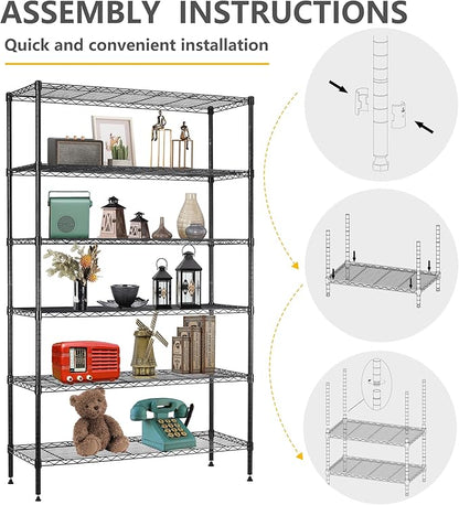 16''Lx42''Wx72''H 6 Shelf Wire Shelving Unit Heavy Duty Metal Storage Shelves NSF Wire Shelf Organizer Black Height Adjustable Utility Steel Commercial Grade Layer Shelf Rack 1500 LBS Capacity