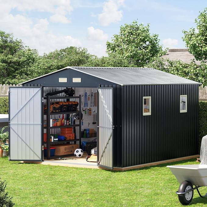 10x10 FT Outdoor Metal Storage Shed with Floor Frame, Double Swing Doors, 2 Clear Windows,Tool Shed for Garden, Patio, Backyard