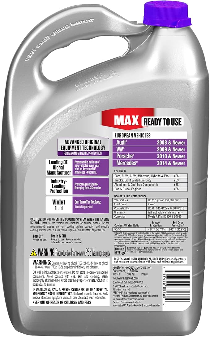 Prestone AF6510 MAX European Vehicles Violet Antifreeze and Coolant, 1 Gallon, Pack of 6
