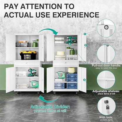 SISESOL White Metal Storage Cabinet with Wheels and Drawer,Rolling Garage Cabinet with Locking Doors and Adjustable Shelves,73" Mobile Tall Large Metal Cabinets for Home,Office,Garage,Shop
