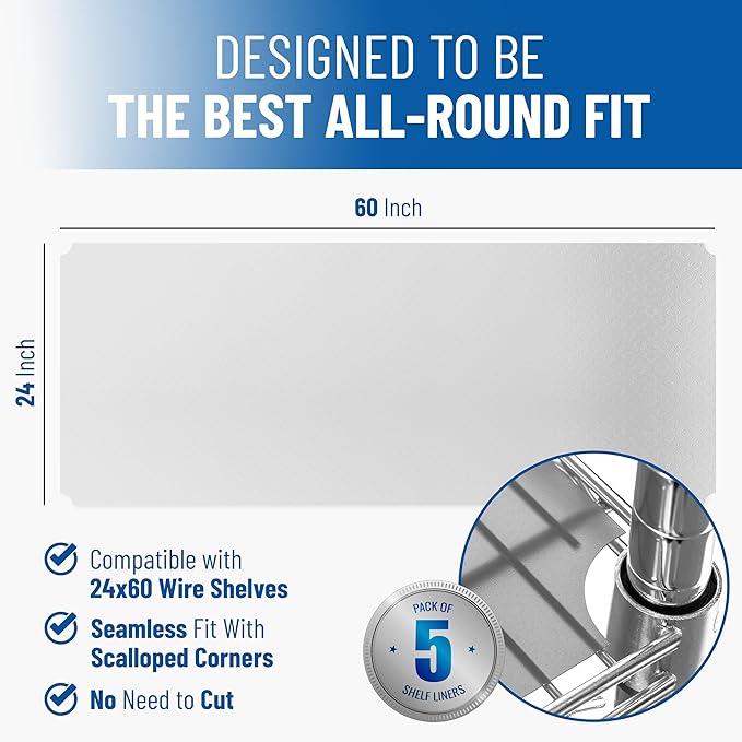Shelf Liners for Wire Shelf System: Set of 5 in Clear: 24 x 60 inch: Plastic Wire Shelving Shelf Mats