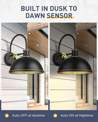 kudos Dusk to Dawn Porch Light Motion Sensor Outdoor Gooseneck Light Fixture Black Farmhouse Wall Sconce Lantern for Porch Entryway Garage, 1 Pack, KDOWL03-BK-S-LC