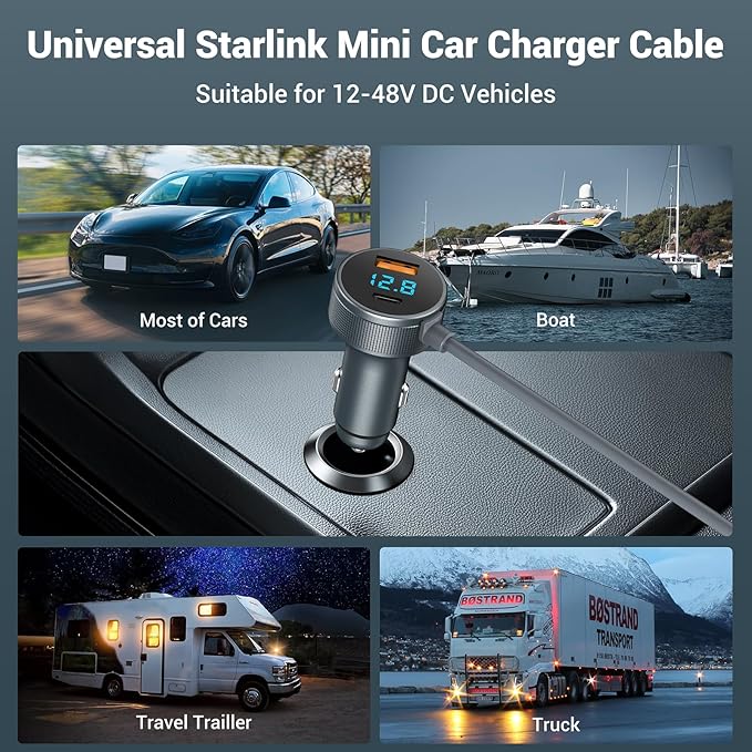 Starlink Mini Cable 12V-48V,Starlink Mini Car Adapter with Digital Display,Cigarette Lighter Adapter with USB C PD 40W& USB A 35W Ports for Trucks and Cars(16.4FT)
