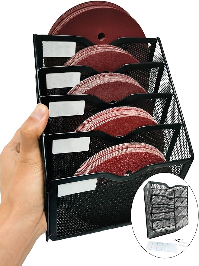 5-Tier Wall Mount All Metal Sandpaper Organizer, Hanging Sandpaper Storage Rack Holder for 5" & 6" Sanding Discs, Woodworking Tool Box Accessories (Black)