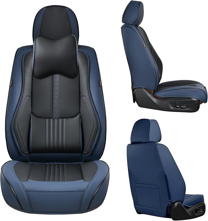 Front Seat Covers, 2 Pieces Universal Seat Covers for Cars, Waterproof Leather Auto Seat Protectors with Head Pillow, Car Seat Cushions Fit for Most Sedans SUV Pick-up Truck, Black&Navy