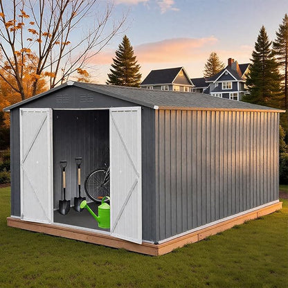 10 x 12 FT Outdoor Storage Shed, Metal Garden Tool Shed with Slooping Roof, Lockable Doors and Windows, Easy to Assemble for Garden, Patio, Lawn, Grey