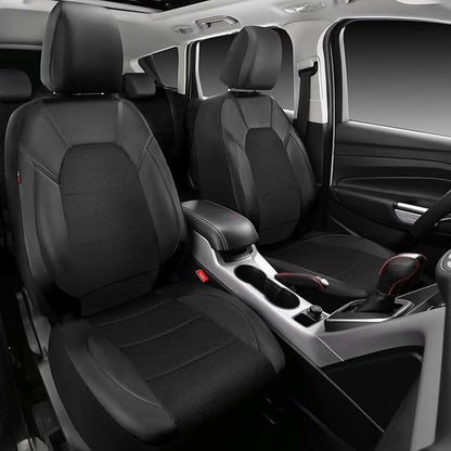CAR PASS Leather Two Front Car Seat Cover; 4Pcs Waterproof Car Floor Mats & Steering Wheel Cover,Universal Fit Airbag Compatible Automotive Interior Covers (Combo Set, Black)