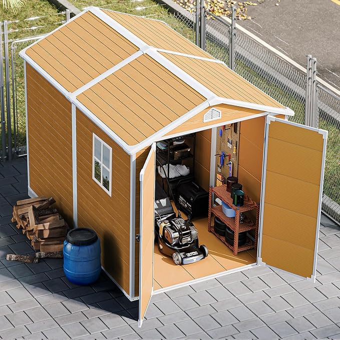 Plastic Sheds 8x6 Resin Outdoor Storage with Floor Included, Waterproof Lockable Garden Shed Tool Cabinet Brown