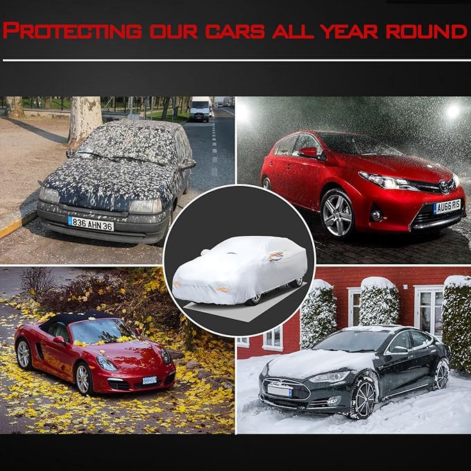 30 Layers Heavy Duty Car Cover for Automobiles All Weather Waterproof, Outdoor Snowproof UV Protection Windproof, Door Zipper, Soft Cotton Universal Car Covers (Silver, Fit Sedans 171"-180")