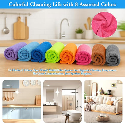 Microfiber Cleaning Cloths 16 Pack 8 Color Cleaning Rags for Housekeeping Home Kitchen Bathroom Car,11.5"X11.5" Soft Lint Free Wet and Dry Use Dusting Cleaning Supplies Towels
