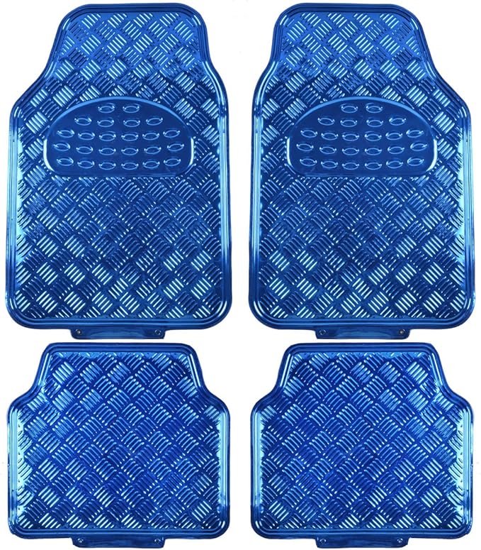 BDK 4-Piece All-Weather Universal Fit Front & Rear Floor Mats for Cars Trucks SUVs Vans, All-Weather Easy-to-Clean Diamond Metal Pattern Durable Heavy Duty Non-Slip Protection - Metallic Blue