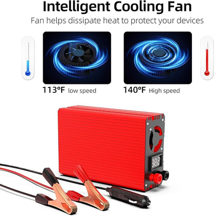 SUNWHEEL 500W Power Inverter DC 12V to 110V AC Car Inverter with 2 x 3.1A USB Ports and Dual AC Outlet, Equipped with 1 Cigarette Lighter and 2 Battery Clamps for Road Trip and Camping