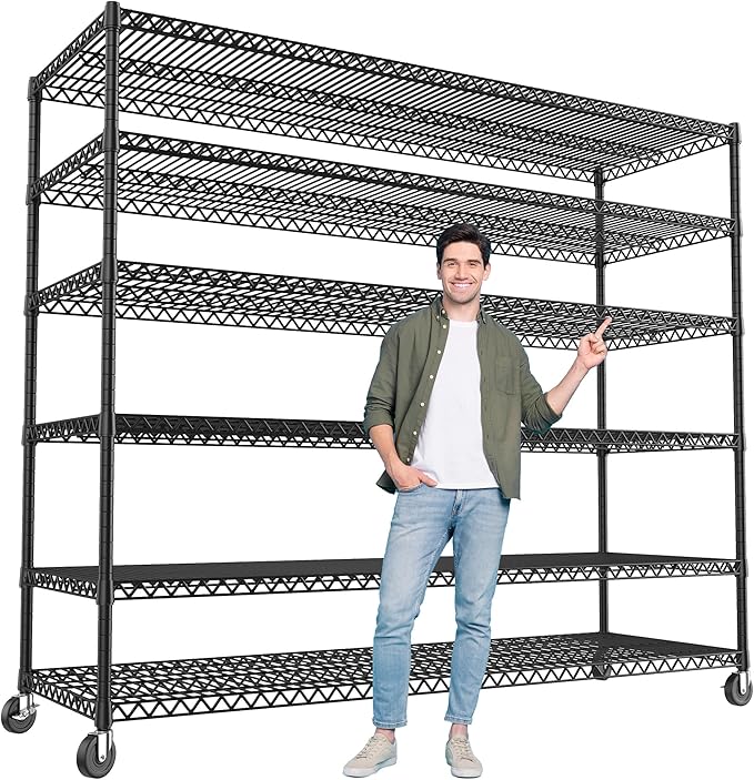 REIBII 60''W X 82.6" H Steel Heavy Duty Wire Shelving Unit with Wheels, 6-Tier Adjustable Storage Shelves 3598LBS Commercial Metal Shelves for Pantry, Garage, College Dorm School Industrial Shelving