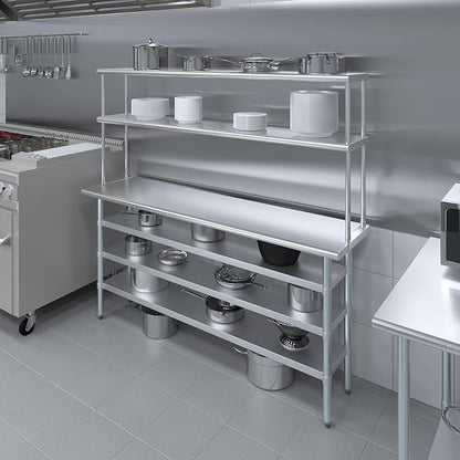 Amgood 18" x 72" Stainless Steel Work Table with 3 Shelves and 12" Wide Double Tier Overshelf | Metal Kitchen Prep Table & Shelving Combo | NSF