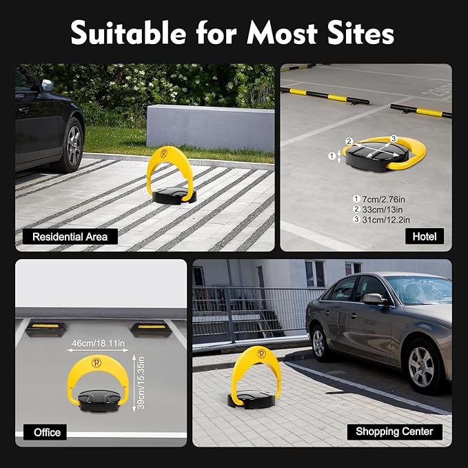 65.6FT Automatic Remote Control Parking Spot Lock, Yellow Parking Barrier Waterproof, Parking Spot Blocker with 180 ° Rotating Rocker Arm, Withstand Up to 4410 lbs(Battery Not Included)
