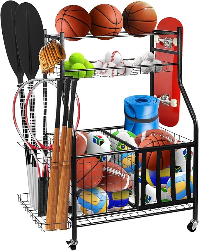 Garage Sports Equipment Organizer, Ball Storage Rack,Garage golf Organizer with Basket and Hooks,Rolling Sports Ball Storage Cart for Toy Gear Storage (45.71 inch)