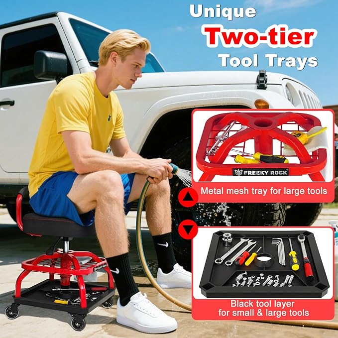 Rolling Shop Stool with Wheels, Garage Mechanic Shop Chair with Handle Backrest, Adjustable Height Work Stool, Roller Seat with Tool Tray Storage, Heavy Duty, 330 LBS Capacity, Red