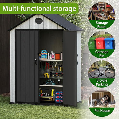 6x4 FT Resin Storage Shed,Lockable Door, and Vents for Garden, Backyard, Patio, Lawn,Grey Black