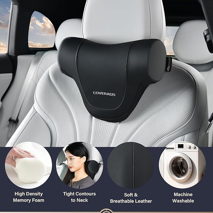 Coverado Car Headrest Pillow, Ergonomic Memory Foam Car Neck Pillow for Driving Seat with Adjustable Strap, Soft PU Leather Breathable Removable Cover Neck Support for Neck Pain Relief