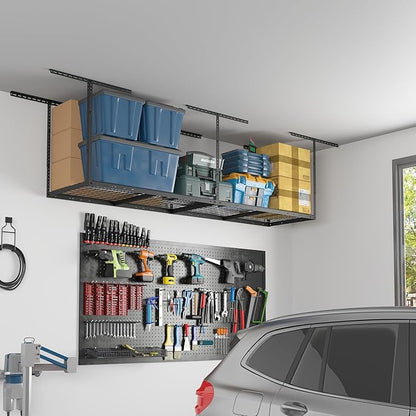 FLEXIMOUNTS 2x8 Garage Storage Rack, Adjustable Overhead Storage Organization System, Heavy Duty Metal Ceiling Rack, 400lbs Weight Capacity, Black