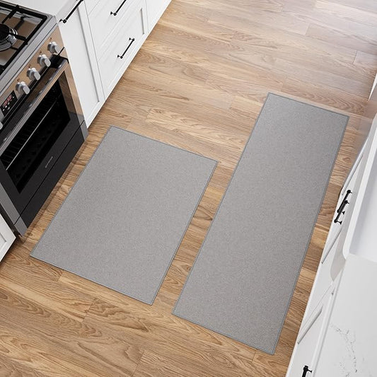 Ottomanson 2-Piece Kitchen Rug Set - Non Slip, Runner & Small Area Rug - Solid - 20" x 59" & 2'3" x 3' - Durable, Stain Resistant for Entryway, Bedroom and Bathroom, Gray