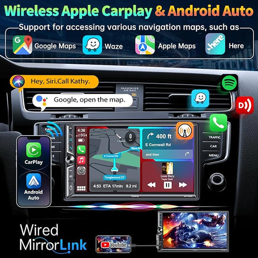Double Din Car Stereo with Wireless Apple CarPlay and Android Auto, Bluetooth 5.3 Car Play, Mirrorlink, 7" HD Touchscreen, Backup Camera, 240W 4.2 CHN 2 Subwoofers Outputs, AM/FM Car Radio
