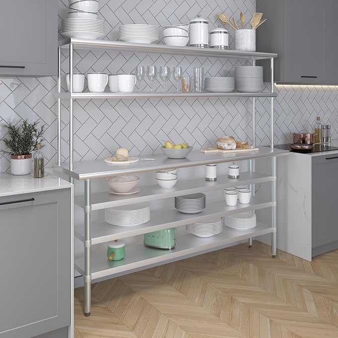 Amgood 18" x 72" Stainless Steel Work Table with 3 Shelves and 12" Wide Double Tier Overshelf | Metal Kitchen Prep Table & Shelving Combo | NSF