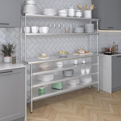 Amgood 18" x 72" Stainless Steel Work Table with 3 Shelves and 12" Wide Double Tier Overshelf | Metal Kitchen Prep Table & Shelving Combo | NSF