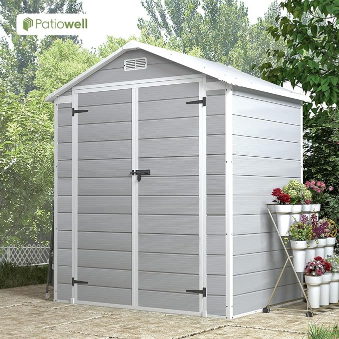 Patiowell 6x4 FT Plastic Outdoor Storage Shed, Resin Shed Perfect to Store Patio Furniture, GardenTools Bike Accessories, Beach Chairs and Lawn Mower,Light Grey
