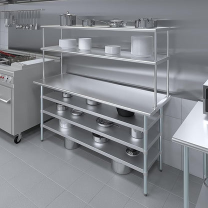 Amgood 24" x 72" Stainless Steel Work Table with 3 Shelves and 18" Wide Double Tier Overshelf | Metal Kitchen Prep Table & Shelving Combo | NSF