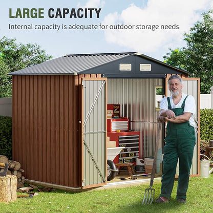 8x6 Ft Storage Shed, Large Outdoor Shed with Floor Base, Window, Lockable Doors, Outside Steel Shed for Garden, Backyard, Lawn, Patio Utility, Tool Storage