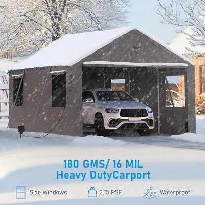12x20 Carport Canopy, Heavy Duty Car Port, Portable Car Ports Garage with 2 Roll-Up Zipper Drive Through Doors, Grey