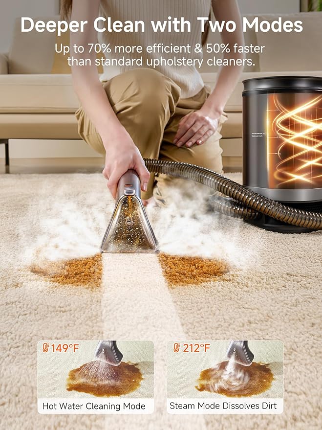 uwant Portable Carpet Cleaner with Steam& HeatingSystem, 18Kpa Powerful Suction Carpet Cleaner Machine with Exclusive Tools 2in1 Upholstery Steam Cleaner Machine (Grey)